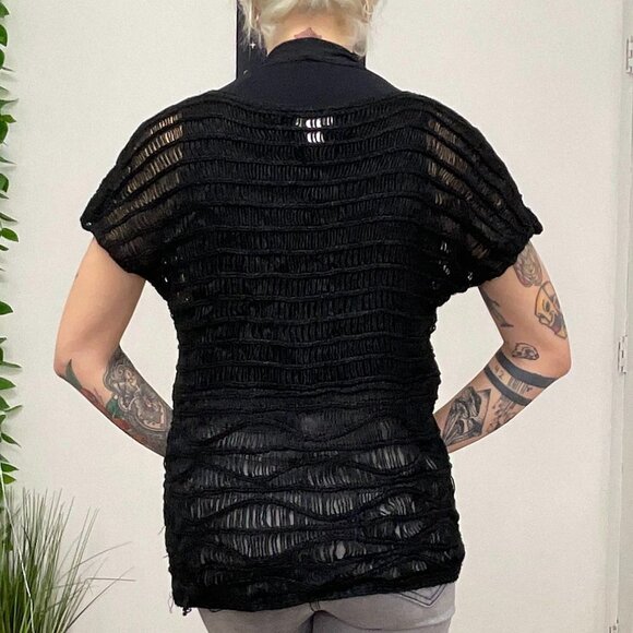 Chico's Oversize Crochet Knit Sweater Short Sleeve Size 2 Black - Picture 9 of 13